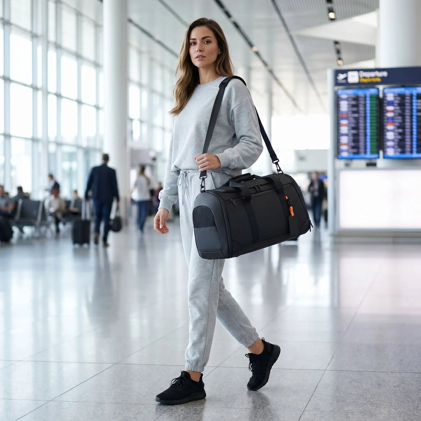 femme portant sac de voyage aéroport