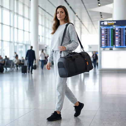 femme portant sac de voyage aéroport